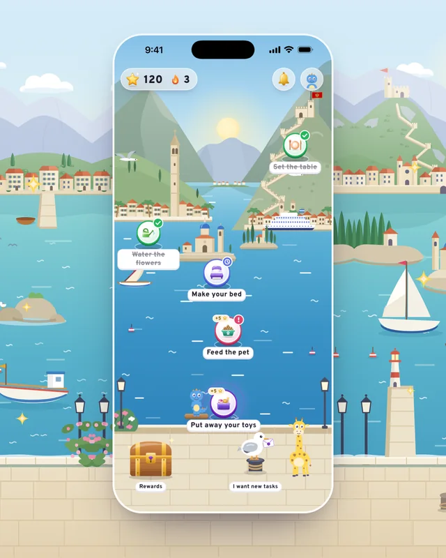 A child’s world in MyTurn, with today’s tasks as places in the world