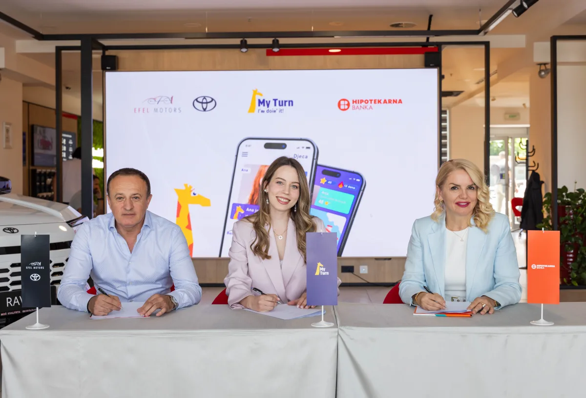 Predstavnici Efel Motorsa, MyTurn-a i Hipotekarne banke na potpisivanju ugovora o podršci razvoju MyTurn aplikacije