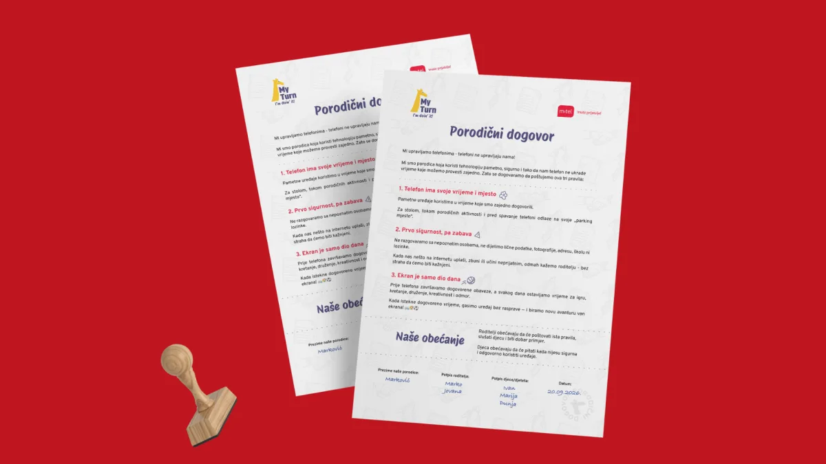 Odštampani i potpisani Porodični dogovor MyTurn-a i m:tela sa pravilima o korišćenju telefona u porodici